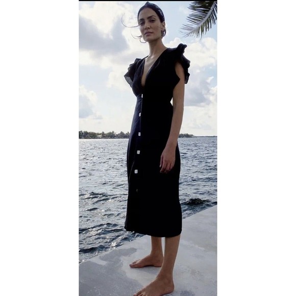NEW Anthropologie Women Charlie Holiday Black Ruffled Midi Preppy Dress Size 4